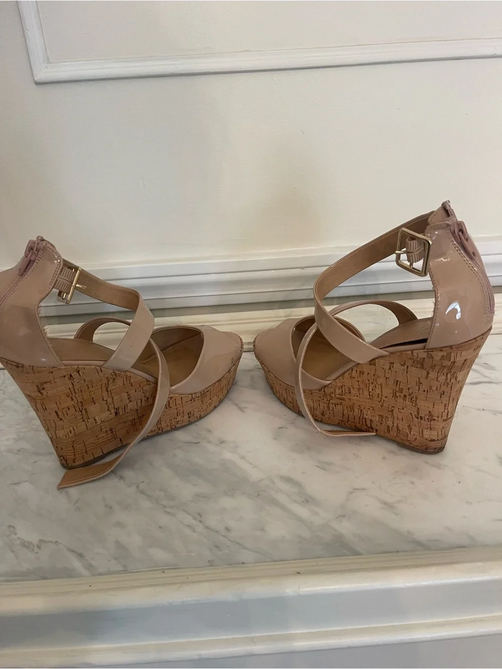 Material Girl Nude Patent Cork Wedge Sandals